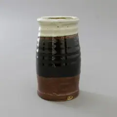 Ichiro Kimura, Shaped cylinder vase, stoneware with poured cream nuka glaze over tenmoku and kaki glazes