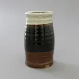 Ichiro Kimura, Shaped cylinder vase, stoneware with poured cream nuka glaze over tenmoku and kaki glazes