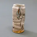 Suzuki Goro, Cylindrical vase, stoneware with shino glaze and painted gestural decoration