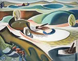 John Ritchie, Untitled - Abstracted Landscape with Farmhouse, watercolour