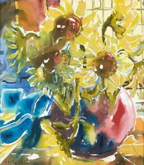 Peter O'Hagan, Sunflowers at Barry Fergusons, Oyster Bay, Long Island, New York, watercolour and gouache