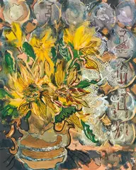 Peter O'Hagan, Sunflowers and Lace Curtain, Venice, watercolour and gouache