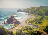 Ernest Buckmaster, Untitled  View of Piha Beach, oil on canvas, c. 1955