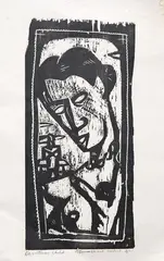 Christmas Child by Nigel Brown, black and white woodcut, 6/10, sold Dec 2020