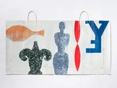 Gavin Chilcott, Interior with Figures, oil on found shopping bag