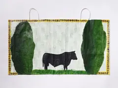 Angus Bull and New Grass by Gavin Chilcott, oil on found shopping bag, sold Dec 2020
