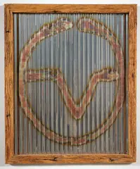 Untitled by Ralph Hotere, blowtorched baby iron in original driftwood frame, sold Nov 2020