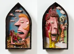 Jim Cooper, Blood on Our Hands, polychrome, low-fire glazed terracotta, two parts