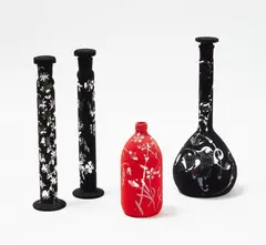 Elizabeth McClure, Faux Domestive Science Series, scientific lab glassware with velvet flocking, four pieces