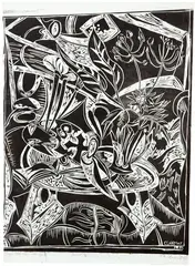 Large Still Life with Objects by Philip Clairmont, linocut, A/P, sold Jun 2020