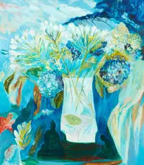 Blue trees through my window by Star Gossage, oil and pigments on board, sold Jun 2020