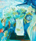 Star Gossage, Blue trees through my window, oil and pigments on board