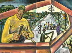Nigel Brown, Carving the Life Tree, oil on canvas, diptych