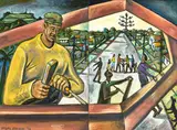 Nigel Brown, Carving the Life Tree, oil on canvas, diptych