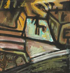 Dog in a Landscape by Nigel Brown, ink and oil on card, sold Jun 2020