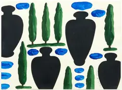 Pots, Clouds, Cypresses by Gavin Chilcott, acrylic on paper, sold Jun 2020