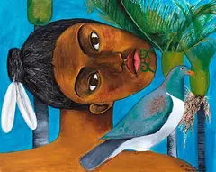 Māori Woman with Cabbage Tree and Wood Pigeon by Robyn Kahukiwa, oil on canvas, sold Jun 2020
