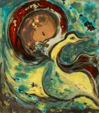 Lucy Boyd Beck, Yellow Bird, painting on glazed earthenware tile