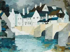 Untitled – Village Scene by Tom Esplin, oil on board, sold Jun 2020