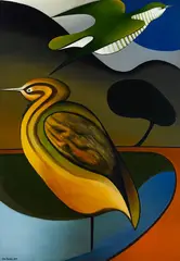 Don Binney, Pipiwharauroa over Matuku, oil on board