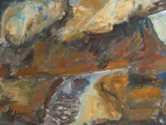 Grey River with Dramatic Clouds by Toss Woollaston, oil on board, offered May 2020