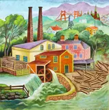 Dick Frizzell, Sawmill (after Tibor Gergely), oil on linen