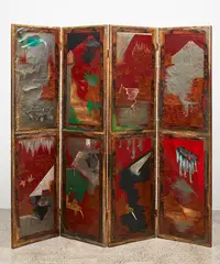 Bill Hammond, Restoration, acrylic and metallic pigment on found chinoiserie four panel screen