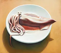 Michael Smither, Squid on a Plate, oil on board
