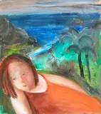Untitled – Coastal View with Reclining Woman by Patricia France, oil on board, offered Nov 2019