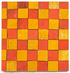 Flagged Down by Rosalie Gascoigne, sawn painted wood on board from cable reels, mounted to backing board, offered Nov 2019