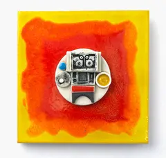 Ted Dutch, Signaller figure, glazed ceramic tile with coloured enamelled medallions and inserts