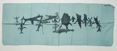 A.R.D. Fairburn, Hand stamped scarf, Maori Rock art designs after Theo Schoon on a pale blue background
