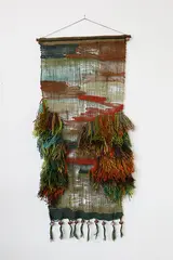 Kay Twiss, Woven wall hanging, mill spun and home spun wool with handmade ceramic beads