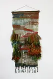 Kay Twiss, Woven wall hanging, mill spun and home spun wool with handmade ceramic beads