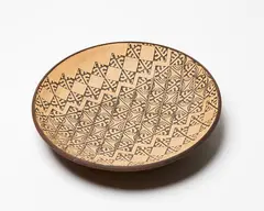 Steven Scholefield, Rocket pottery dish, stoneware, decorated with impressed Theo Schoon stamp design