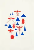 Red Insects – blue primitives by Richard Killeen, acrylic on paper, sold Aug 2019