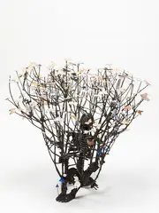 Peter Madden, Crouches with Moths, found photographs, paper, wood, plastic, baked clay, paint, gold leaf