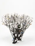 Peter Madden, Crouches with Moths, found photographs, paper, wood, plastic, baked clay, paint, gold leaf