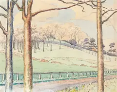Adele Younghusband, Corner of Domain, Auckland, ink and watercolour on paper