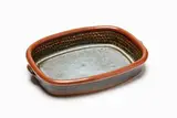 Rectangular casserole dish by Len Castle, stoneware with grey glaze over tenmoku, sold Jun 2019