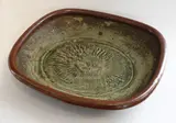 Large rectangular shallow dish by Len Castle, stoneware with ash and tenmoku glazes, sold Jun 2019