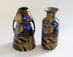 Frederick Rhead, Two Bursley Ware Amstel small vases, painted ceramic with bird decoration