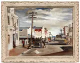Peter McIntyre, Looking South – Main Street, Bulls, oil on board