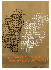 Where’s My God and Where’s My Money? by John Reynolds, oilstick on metallic paper, sold Jun 2019