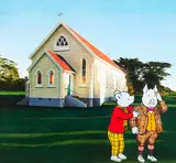 Graham Kirk, Rupert, Podgy Pig and Saint Patrick’s Church, Okato, acrylic on board