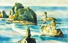 Motukiekie – Watching the cliff waves II by Stanley Palmer, monoprint, sold Jun 2019