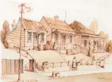 Untitled (Street Scene) by Mary Margaret Gore Spicer, ink and wash on paper, sold Jun 2019