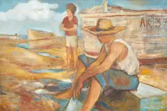Bruce Treloar, Untitled (Figures and Boats), oil on board