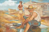 Bruce Treloar, Untitled (Figures and Boats), oil on board