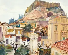 Cedric Savage, Plaka, Under the Acropolis, watercolour